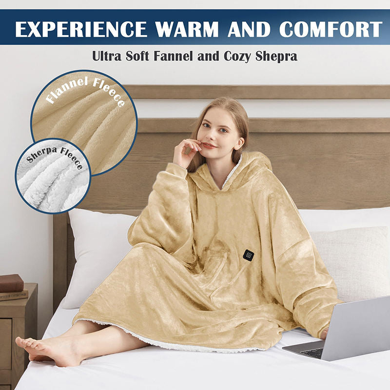 Electric Heated Oversized Plush Flannel Sherpa Fleece Hoodie Blanket