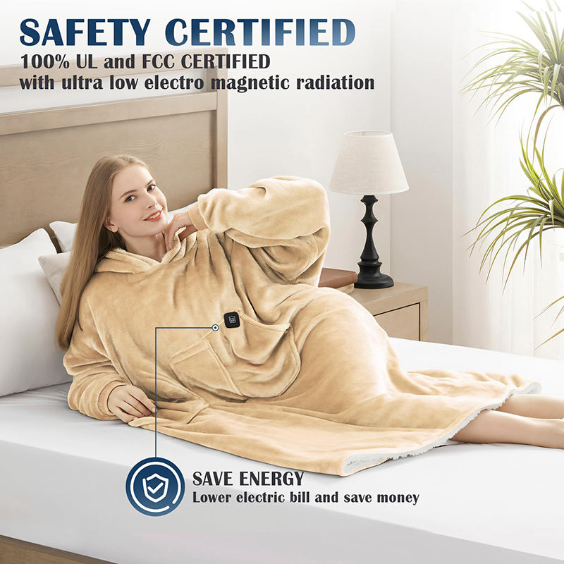 Electric Heated Oversized Plush Flannel Sherpa Fleece Hoodie Blanket